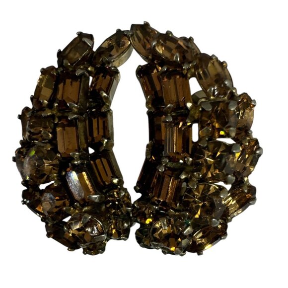 Vintage Earrings Signed "SHERMAN" Crescent Shape Round Baguette Crystals - Picture 2 of 10